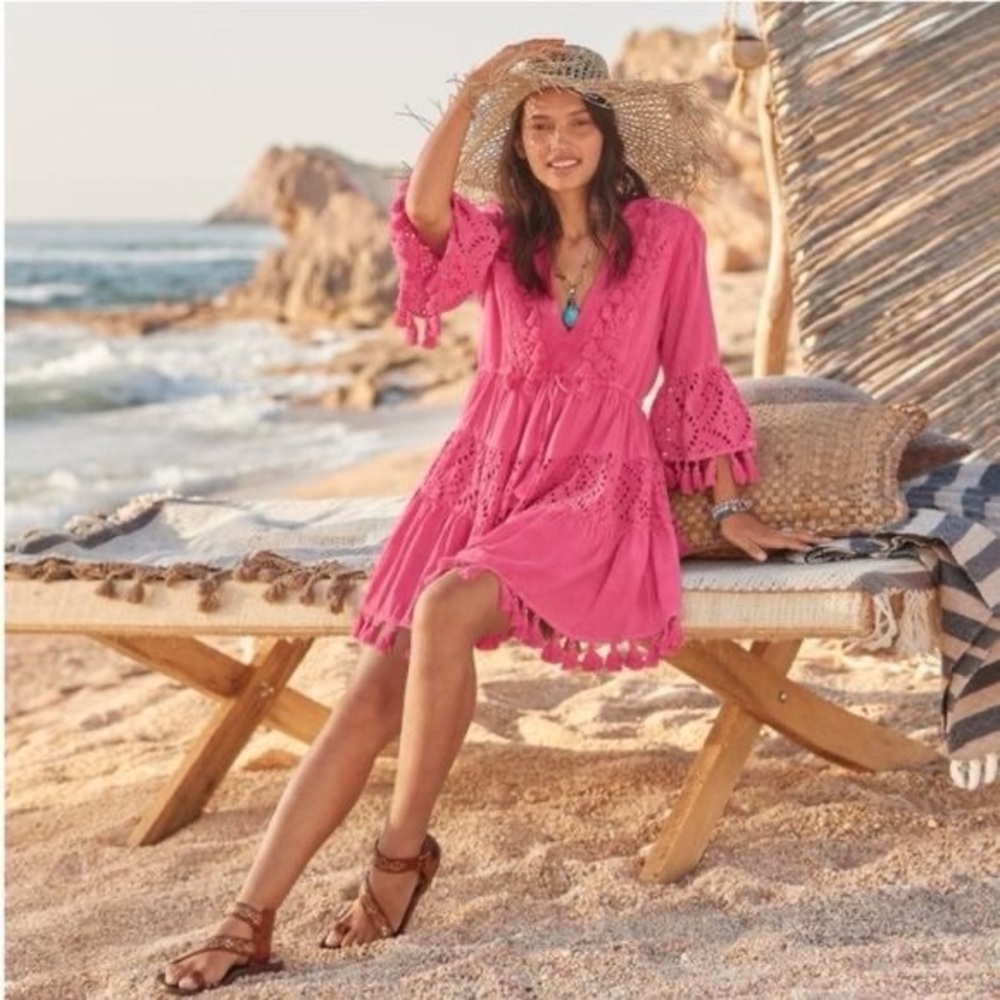 NWT Sundance RENATA DANCING‎ Boho Tassel Eyelet Tiered Ruffle Sleeve Dress SMALL